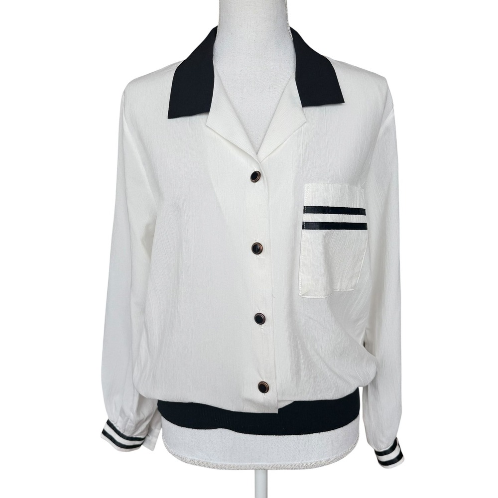The American Collection‎ Cream Black Contrast Button Up Blouse Ribbed Waistband
